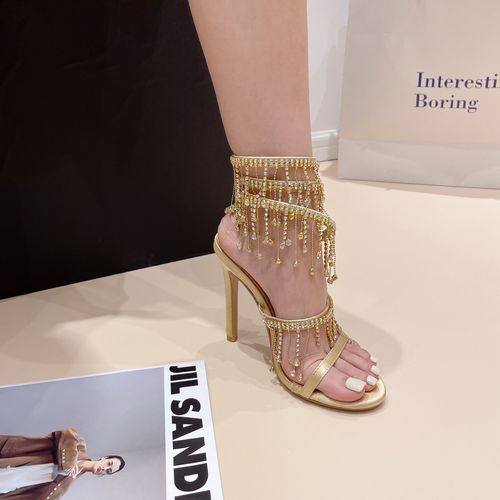 Golden Shoes Fashion Rhinestones Peep Toe Ladies High Heels Crystal Shoes Gladiator Sandals Women Thin Heels Female Footwear(Dinner date, evening banquet)