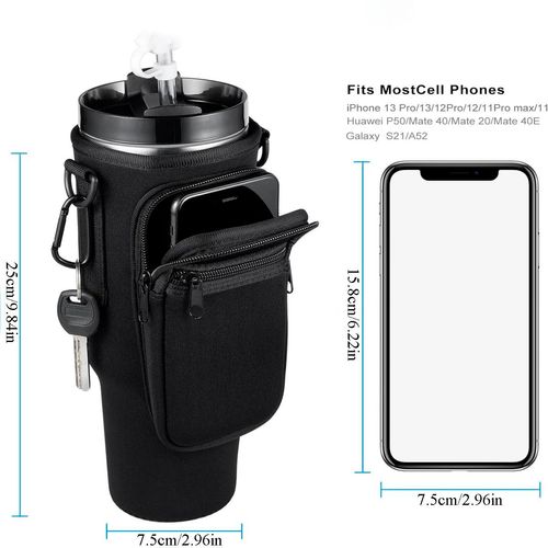 Water Bottle Carrier Bag with Phone Pocket for 40 oz Tumbler, Water Bottle Holder Pouch with Adjustable Strap Bollus for Cup(more choices of color)