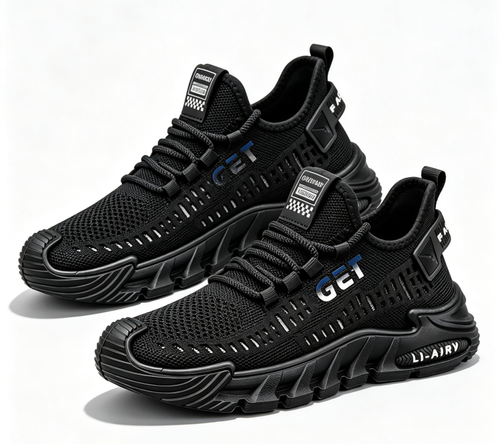 Black Breathable Knit Lace-Up Sneakers