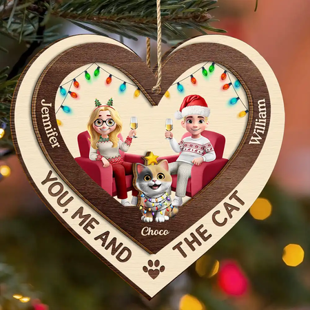 Heart You Me And The Cat - Personalized Wooden Ornament