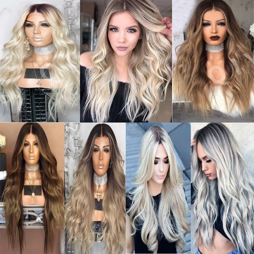 Novo Modelo para Venda Internacional na Amazon: Peruca Feminina Longa e Cacheada com Risca Central, Ombré Amarelo e Ondas Largas