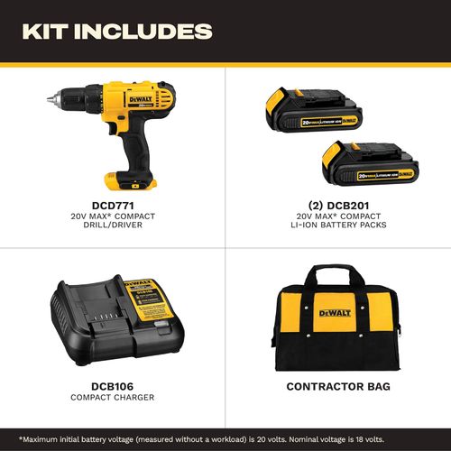 DEWALT 20V Max Cordless Drill Driver Set, 2 Speed, High Performance Motor, Includes 2 XR 1.3Ah Li-Ion Batteries, Charger and Contractor Bag (DCD771C2) DEWALT 20V Max