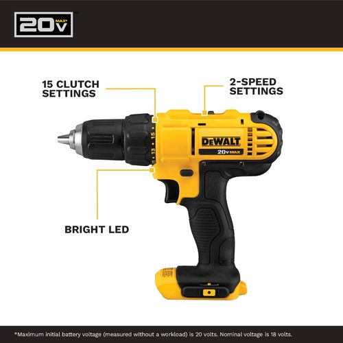 DEWALT 20V Max Cordless Drill Driver Set, 2 Speed, High Performance Motor, Includes 2 XR 1.3Ah Li-Ion Batteries, Charger and Contractor Bag (DCD771C2) DEWALT 20V Max