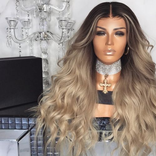 Novo Modelo para Venda Internacional na Amazon: Peruca Feminina Longa e Cacheada com Risca Central, Ombré Amarelo e Ondas Largas