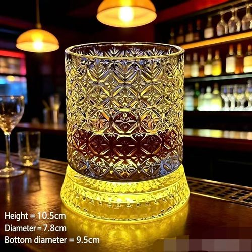 Glowing Spinning Whiskey Glass Cup Set + Free Electric Cleaning Brush, LED Luminous Base Embossed Tumbler, Kitchen Dish Scrubber Cleaner Brush, Home Bar Party Drinking Cup Gift Bundle Limited Promo