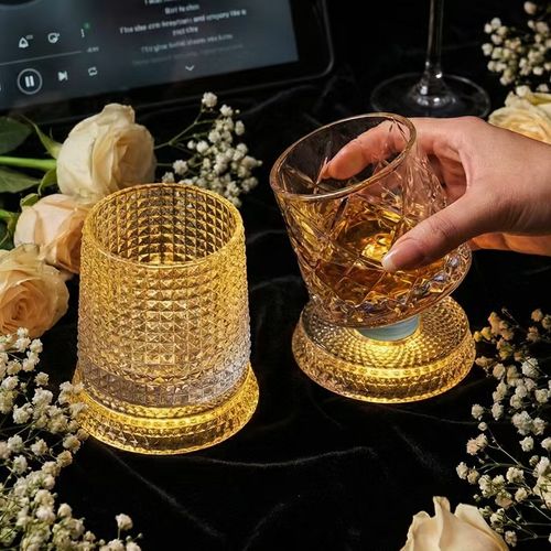 Glowing Spinning Whiskey Glass Cup Set + Free Electric Cleaning Brush, LED Luminous Base Embossed Tumbler, Kitchen Dish Scrubber Cleaner Brush, Home Bar Party Drinking Cup Gift Bundle Limited Promo