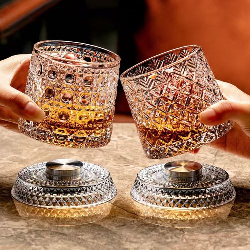 Glowing Spinning Whiskey Glass Cup Set + Free Electric Cleaning Brush, LED Luminous Base Embossed Tumbler, Kitchen Dish Scrubber Cleaner Brush, Home Bar Party Drinking Cup Gift Bundle Limited Promo