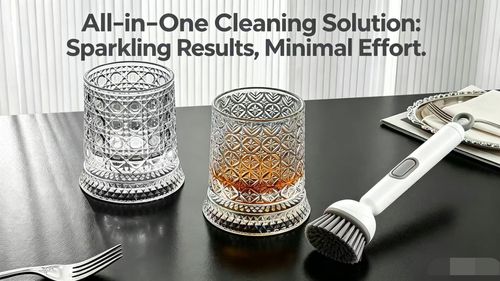 Glowing Spinning Whiskey Glass Cup Set + Free Electric Cleaning Brush, LED Luminous Base Embossed Tumbler, Kitchen Dish Scrubber Cleaner Brush, Home Bar Party Drinking Cup Gift Bundle Limited Promo