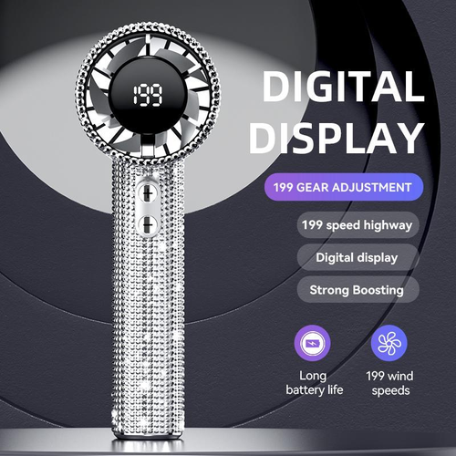 Full Diamond Luxury Craftsmanship Portable Handheld Turbo Fan, 3 Gear Wind, Rechargeable Long Battery Life Hand Fan With Digital Display 💎🔥