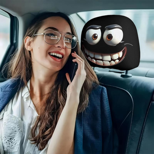 🤣🚗2pcs Set of Funny Big-Eyed Grinning Cartoon Print Car Seat Headrest Covers