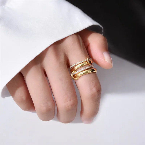 ✨TEWIKY Interlocked Stackable Rings for Women - Statement Multi Ring Mixed Metals Stack - Cubic Zirconia Stacking Jewelry For Summer Gift Outdoorfun Daily outfits