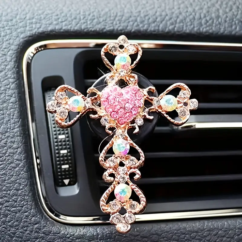 One Piece of a Water Diamond Heart-Shaped Car Air Vent Accessory Featuring a Golden Water Diamond Cross for Interior Air Conditioning Decoration.
