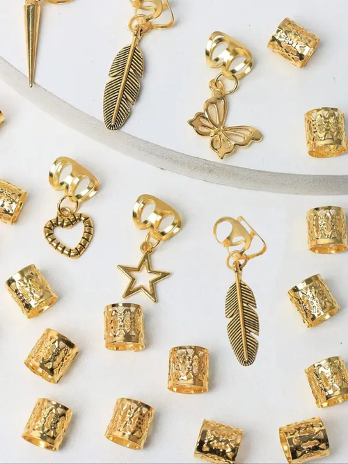 ✨Mixed Style Butterfly & Heart & Leaf Decor Hair Ring（Gold + Silver Set, 52 pieces in total）
