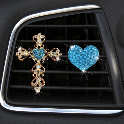 One Piece of a Water Diamond Heart-Shaped Car Air Vent Accessory Featuring a Golden Water Diamond Cross for Interior Air Conditioning Decoration.