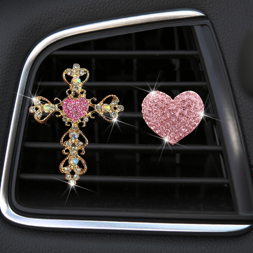 One Piece of a Water Diamond Heart-Shaped Car Air Vent Accessory Featuring a Golden Water Diamond Cross for Interior Air Conditioning Decoration.