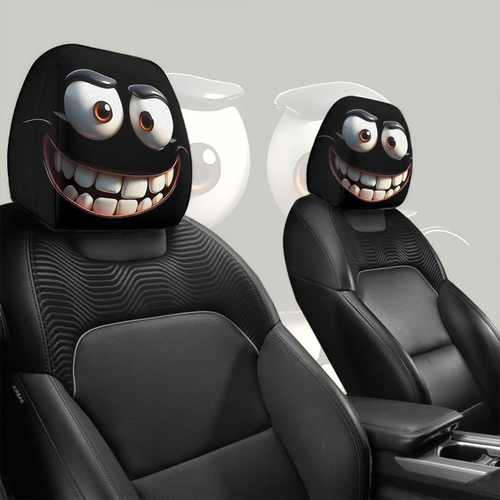 🤣🚗2pcs Set of Funny Big-Eyed Grinning Cartoon Print Car Seat Headrest Covers
