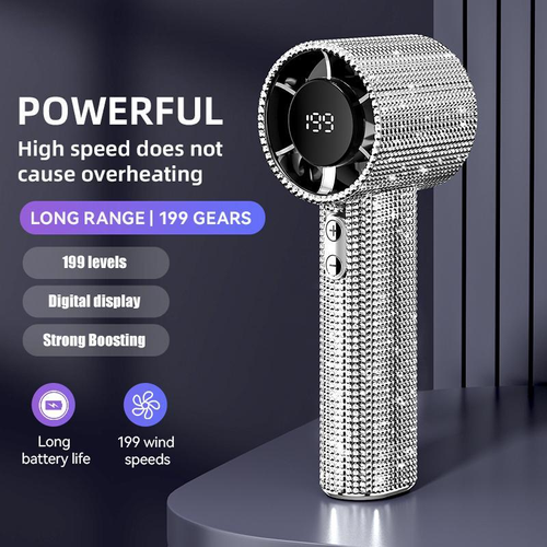 Full Diamond Luxury Craftsmanship Portable Handheld Turbo Fan, 3 Gear Wind, Rechargeable Long Battery Life Hand Fan With Digital Display 💎🔥