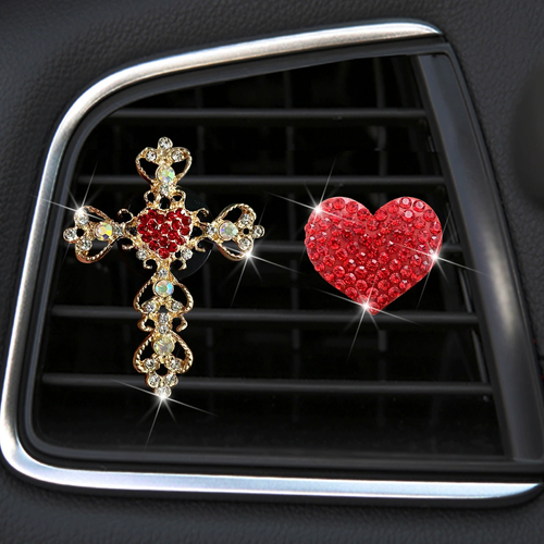 One Piece of a Water Diamond Heart-Shaped Car Air Vent Accessory Featuring a Golden Water Diamond Cross for Interior Air Conditioning Decoration.