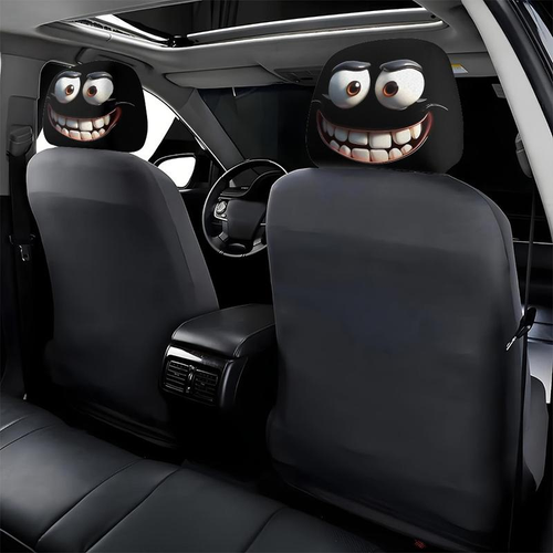 🤣🚗2pcs Set of Funny Big-Eyed Grinning Cartoon Print Car Seat Headrest Covers