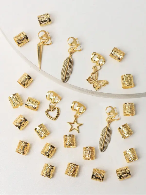 ✨Mixed Style Butterfly & Heart & Leaf Decor Hair Ring（Gold + Silver Set, 52 pieces in total）