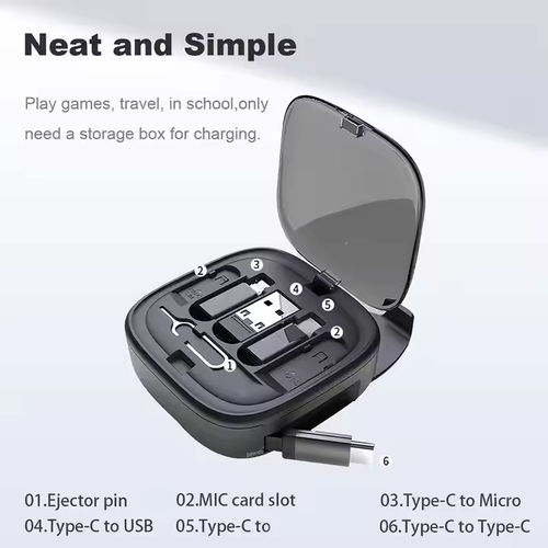 📱6 in 1 Retractable Charging Cable Type C Micro USB IP Adapter Kit with Data Transfer Card Slot Phone Holder
