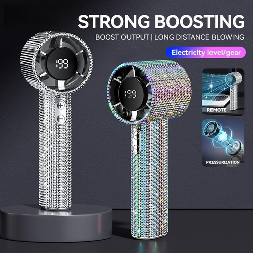 Full Diamond Luxury Craftsmanship Portable Handheld Turbo Fan, 3 Gear Wind, Rechargeable Long Battery Life Hand Fan With Digital Display 💎🔥