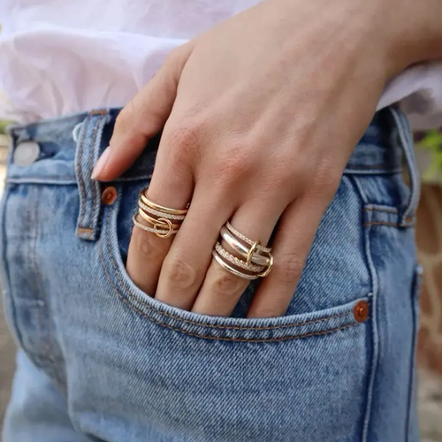 ✨TEWIKY Interlocked Stackable Rings for Women - Statement Multi Ring Mixed Metals Stack - Cubic Zirconia Stacking Jewelry For Summer Gift Outdoorfun Daily outfits
