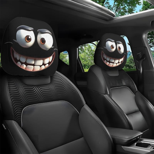 🤣🚗2pcs Set of Funny Big-Eyed Grinning Cartoon Print Car Seat Headrest Covers