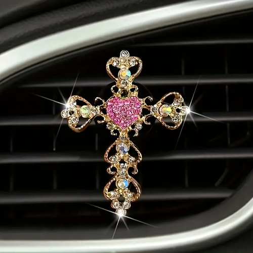 One Piece of a Water Diamond Heart-Shaped Car Air Vent Accessory Featuring a Golden Water Diamond Cross for Interior Air Conditioning Decoration.