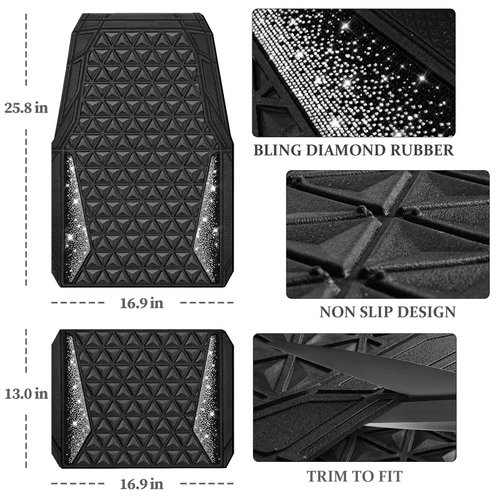 CAR PASS Bling Diamond Rhombus Rubber Leather Car Floor Mats All-Weather for Car Full Set Durable Anti-Slip（Suitable for any car model）🚘