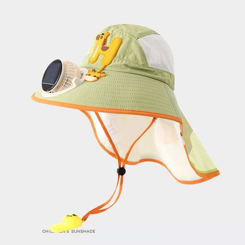 New Kids Solar Fan Sun Hat with Neck Flap, UV Protection Outdoor Bucket Hat for Boys & Girls, Summer Travel Style, Ages 3-12