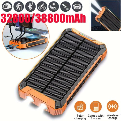 Solar Power Bank Wireless Charger Built In 4 Cables 6 Outputs 15W Fast Charging Power Bank With Dual Flashlights -for Travel, And Camping External Backup Battery Pack, Emergency Backup For GPS, Flashlights