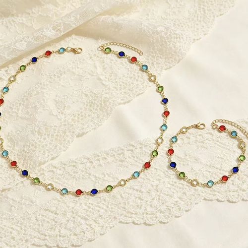 🔥🔥🔥Hot Sale 2Pcs Colorful Rhinestone Cubic Zircon Necklace Bracelet Set Dainty Jewelry Set for Women