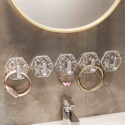 Acrylic Adhesive Wall Hooks 5 Pack Modern Design For Bathroom Jewelry Storage Easy Installation No Drilling Required