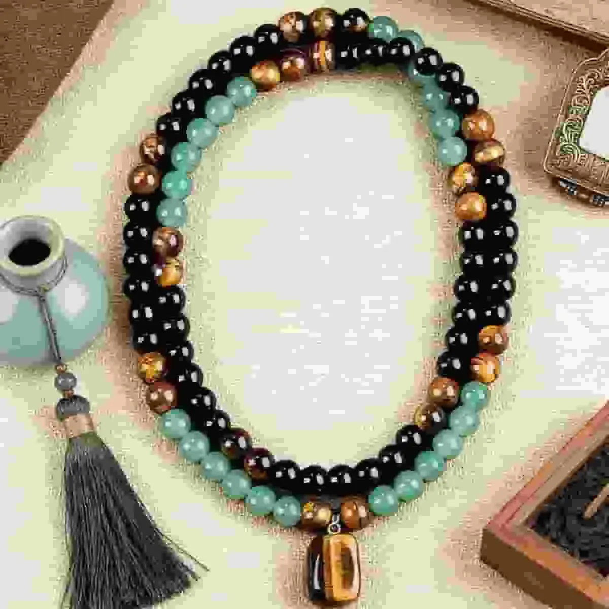 Green Aventurine & Tiger Eye Money Attraction Necklace, Natural Healing Crystal Pendant for Wealth & Prosperity, Long Chain Sweater Necklace, Ideal Gift Jewelry for Men and Women, Jewelry Charms for Anniversary, Vacation &Theme Parties summerwins