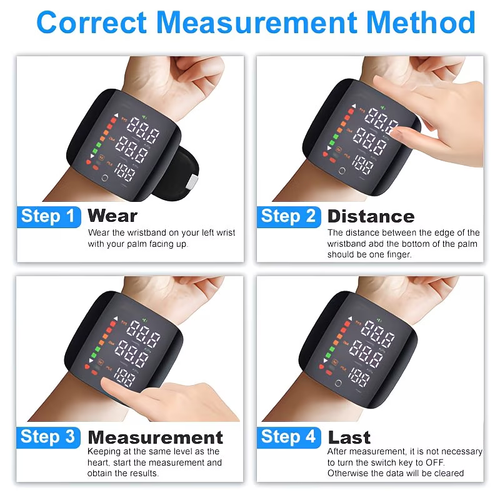 A wrist-type blood pressure monitor with an LCD display, adjustable cuff, featuring pulse rate and arrhythmia alarm functions, USB portable device with sound alerts, suitable for daily monitoring and management.