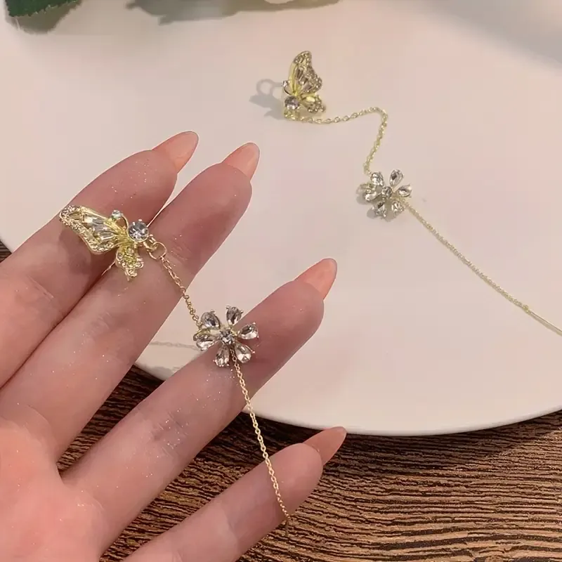 A pair of fashionable and popular earrings, water diamond jewelry, butterfly and flower, ear bone and ear thread one-piece earrings