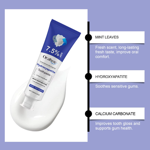 Popular product - fluoride-free toothpaste. 7.5% nano-hydroxyapatite can protect tooth enamel, suitable for healthy and sensitive teeth, relieve discomfort, whiten teeth, and contains mild ingredients.