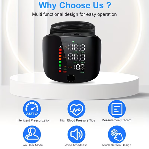 A wrist-type blood pressure monitor with an LCD display, adjustable cuff, featuring pulse rate and arrhythmia alarm functions, USB portable device with sound alerts, suitable for daily monitoring and management.
