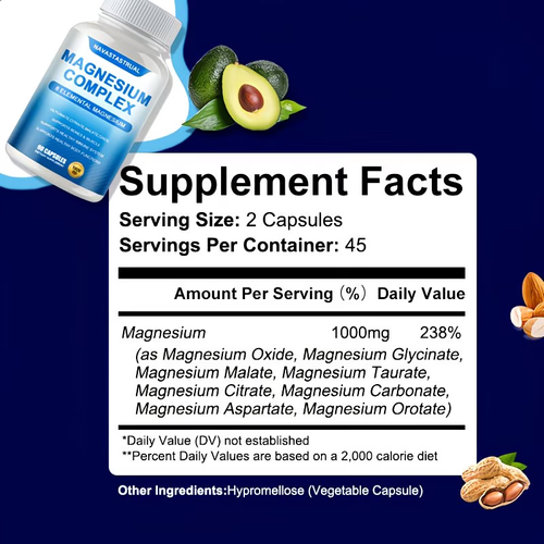90 capsules, compound magnesium supplement 1000 milligrams. 7 types of magnesium (glycine magnesium, citric acid magnesium, malic acid magnesium, taurine magnesium, magnesium oxide, aspartic acid magnesium, ornithine magnesium, sleep, nerve, muscle and bone)