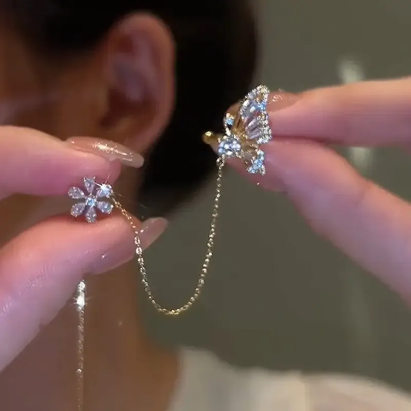 A pair of fashionable and popular earrings, water diamond jewelry, butterfly and flower, ear bone and ear thread one-piece earrings