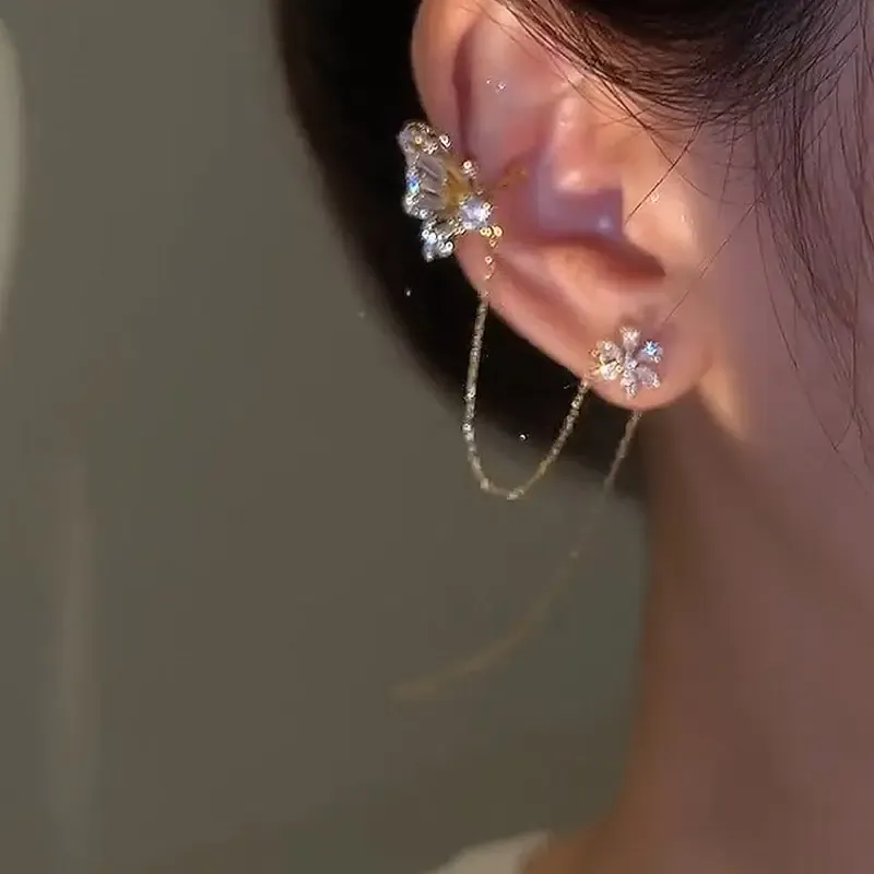 A pair of fashionable and popular earrings, water diamond jewelry, butterfly and flower, ear bone and ear thread one-piece earrings