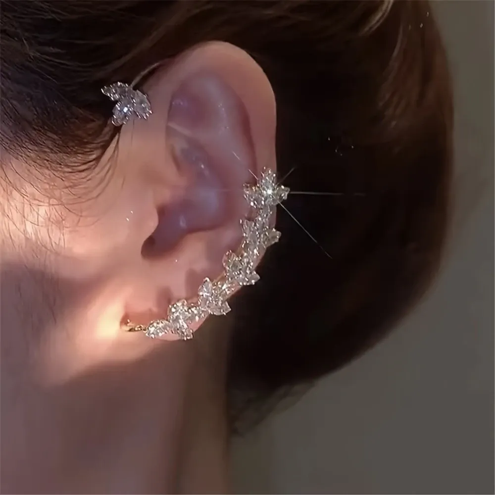 Two fashionable, elegant, simple, light luxury and high-end sparkling series super sparkling Zircon flower leaf ear hangers for women without ear piercings, ear bone clips and ear accessories