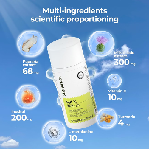 Milk thistle seed extract, with antioxidant properties, helps repair the liver and relieve discomfort during recovery after staying up late. It is rich in vitamin C, inositol and kudzu root components. Each capsule contains 300 mg of extract, and each bottle has 90 capsules.