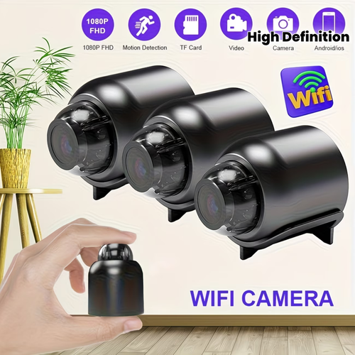Mini IP camera, high-definition 1080P Wi-Fi surveillance camera with motion detection, no tools required, comes with self-adhesive backing, for indoor use, 2.4GHz 5GHz WiFi smart security camera - high-definition image quality, 360° rotation, black, suitable for home and office surveillance, office wireless surveillance camera. Modern camera design, sturdy and durable construction quality, wireless security camera, without power adapter.