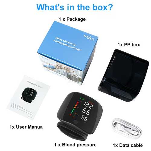 A wrist-type blood pressure monitor with an LCD display, adjustable cuff, featuring pulse rate and arrhythmia alarm functions, USB portable device with sound alerts, suitable for daily monitoring and management.
