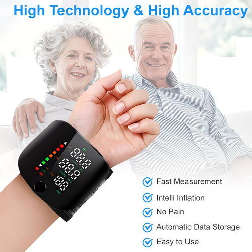 A wrist-type blood pressure monitor with an LCD display, adjustable cuff, featuring pulse rate and arrhythmia alarm functions, USB portable device with sound alerts, suitable for daily monitoring and management.