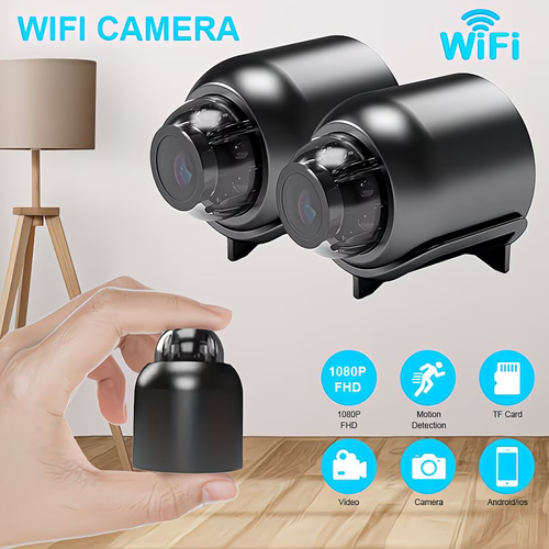 Mini IP camera, high-definition 1080P Wi-Fi surveillance camera with motion detection, no tools required, comes with self-adhesive backing, for indoor use, 2.4GHz 5GHz WiFi smart security camera - high-definition image quality, 360° rotation, black, suitable for home and office surveillance, office wireless surveillance camera. Modern camera design, sturdy and durable construction quality, wireless security camera, without power adapter.