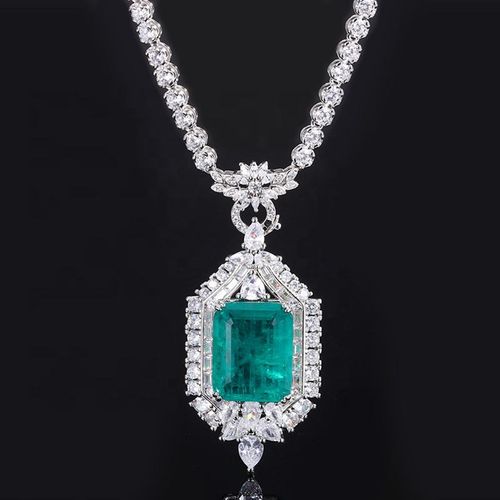 Jewelry Copper Base Gold Plated European and American Fashion Imitation Emerald Paraiba Square Pendant Necklace