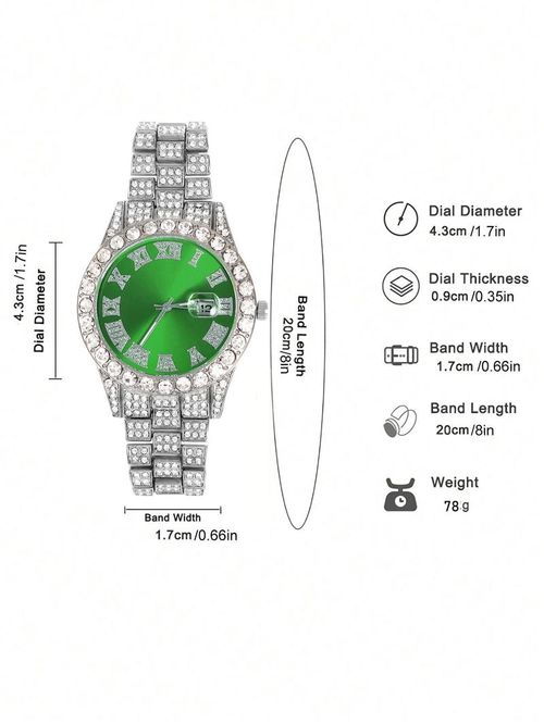 Street Trend Rhinestone Watch Set with Cuban Chain Unisex Fashion Jewelry Gift